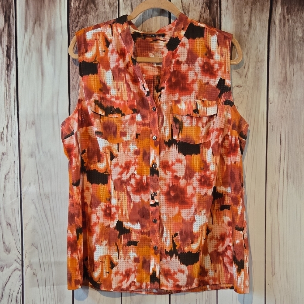 Elementz Orange, Black And Pink Sleeveless Two Pocket Blouse Size XL